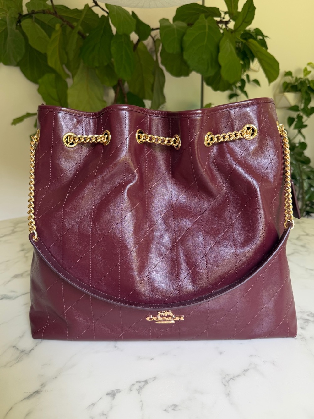 NWT Coach Evelyn Large Leather Shoulder Bag With Quilting CCZ81 Dark Wine / Gold